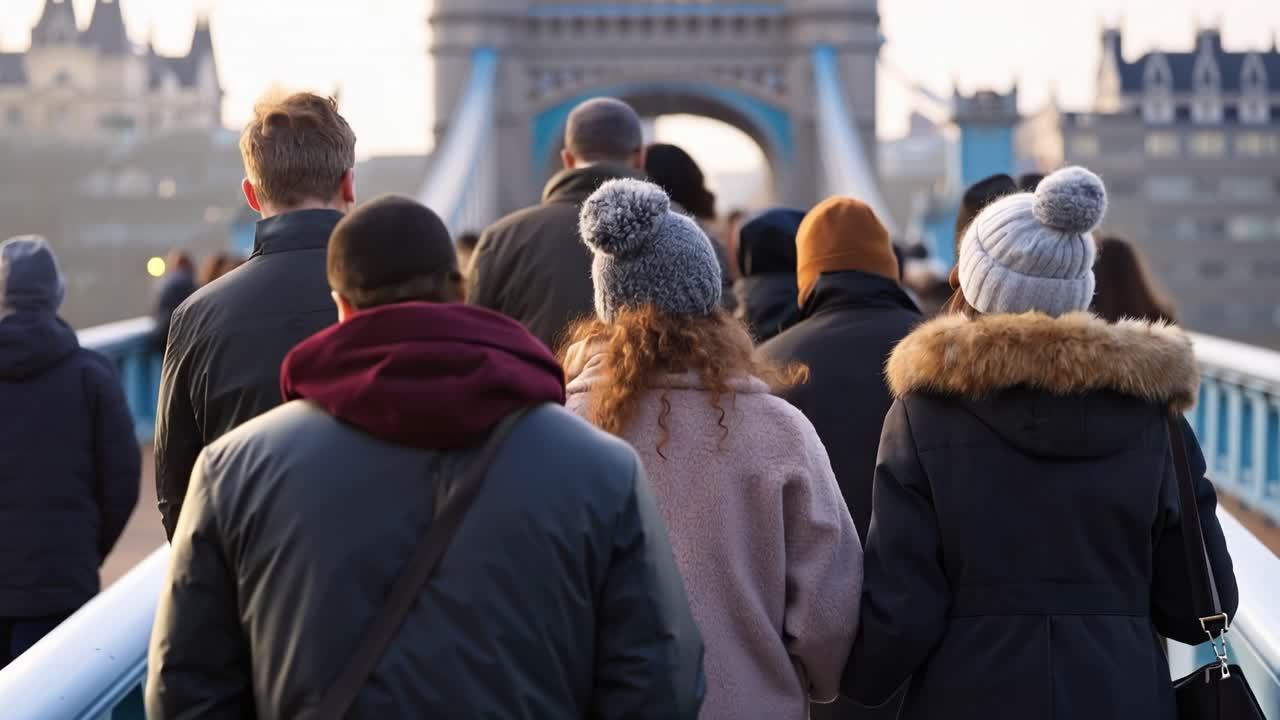 Una folla numerosa cammina su un ponte cittadino al crepuscolo. Toni caldi evidenziano cappelli e giacche di lana invernali. Le persone avanzano in una direzione tranquilla e condivisa. I pendolari urbani sentono il freddo, ma rimangono determinati.