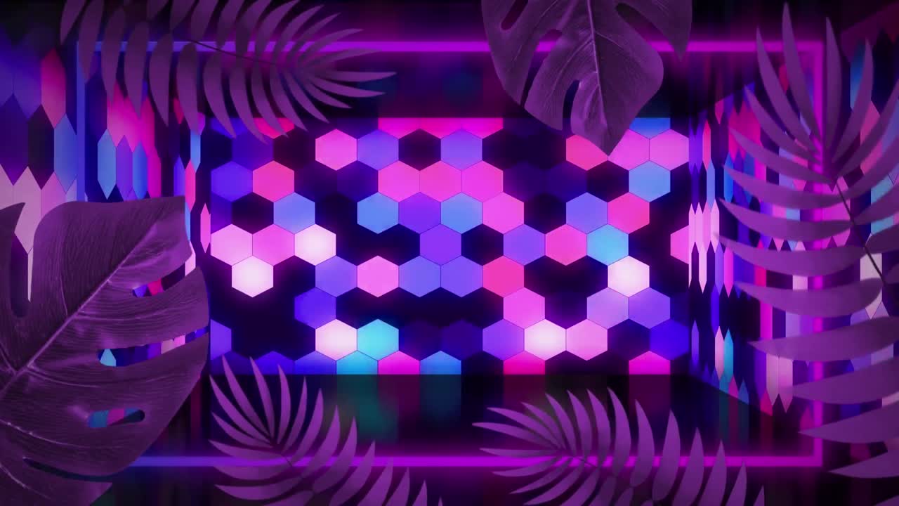 검은 바탕에 네온 모양과 잎의 애니메이션