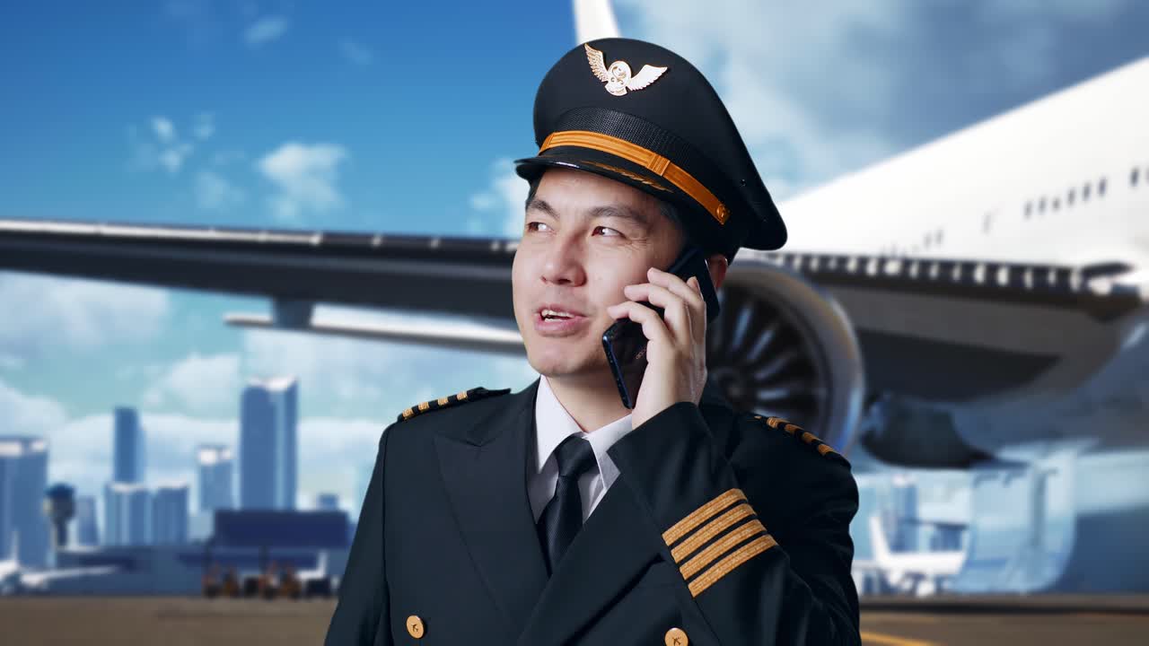 배경 에 비행기 와 함께 공항 에 서 있는 동안 스마트폰 에 대화 하는 아시아 사람 조종사 의 근접