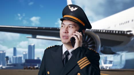 close up de piloto de hombre asiático hablando en teléfono inteligente mientras está de pie en el aeródromo con el avión en el fondo