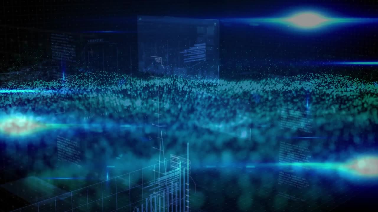 3D grid appearing and starting blue particles drifting into layered data waves, panels fading