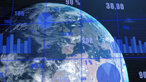 animación del procesamiento de datos estadísticos a través de una red de cuadrícula sobre un globo sobre un fondo azul.