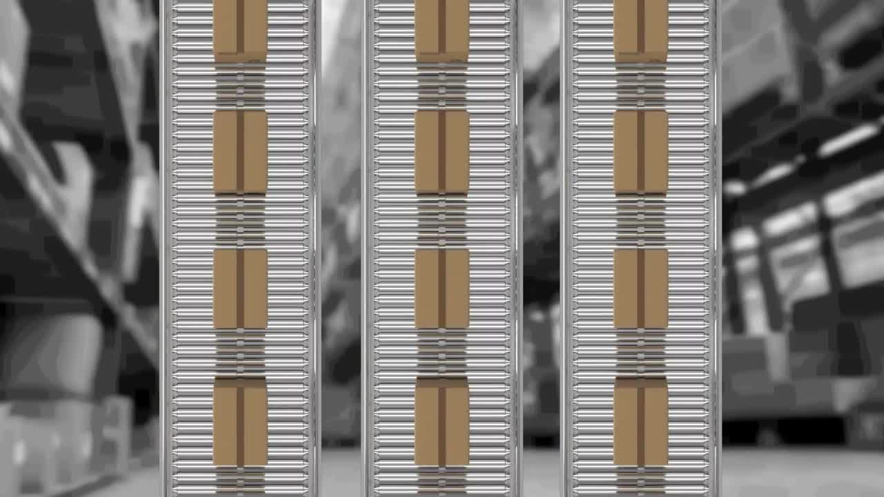 창고 위에서 컨베이어 벨트에 움직이는 카드보드 상자의 애니메이션