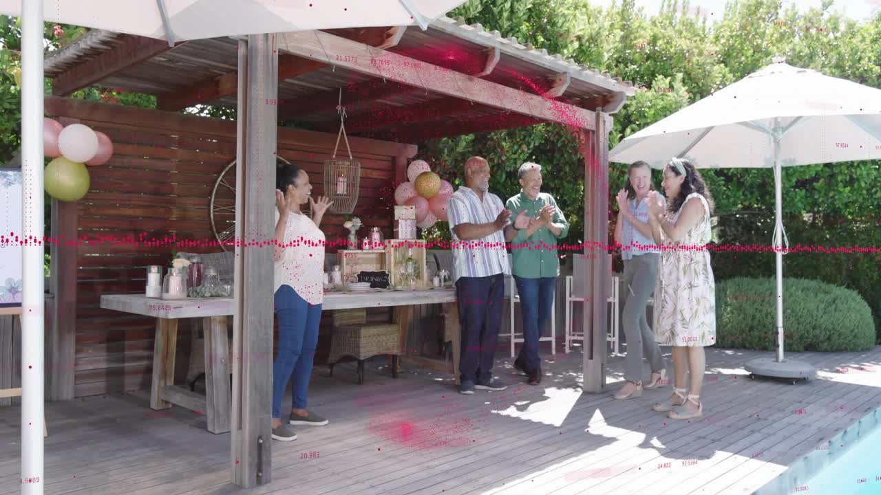 Blindfolded woman being guided while man filming with phone, causing surprise poolside celebration