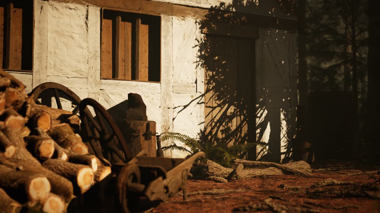 가을의 숲에 있는 오래된 나무 집