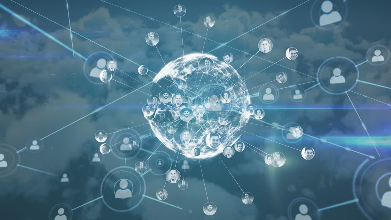 전 세계, 하늘과 구름에 있는 사람들과의 연결망의 애니메이션 아이콘