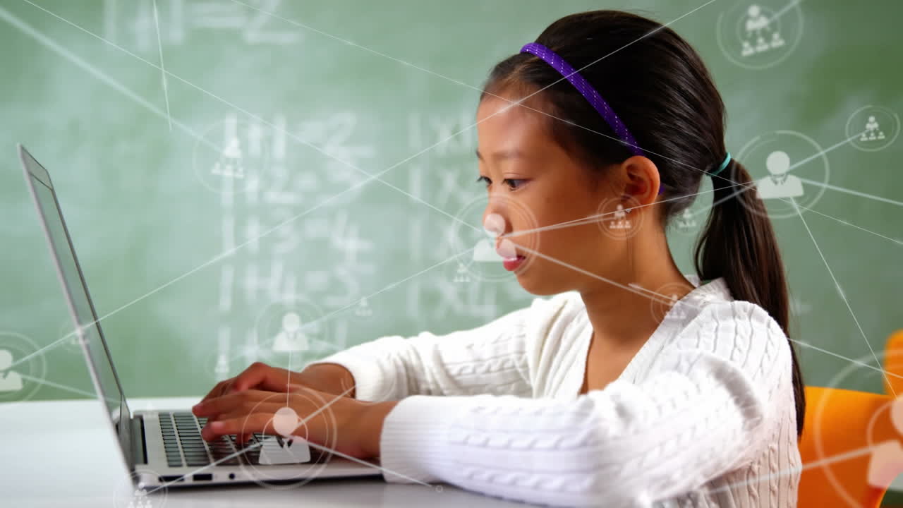 Network of profile icons against asian girl using laptop in the class at school