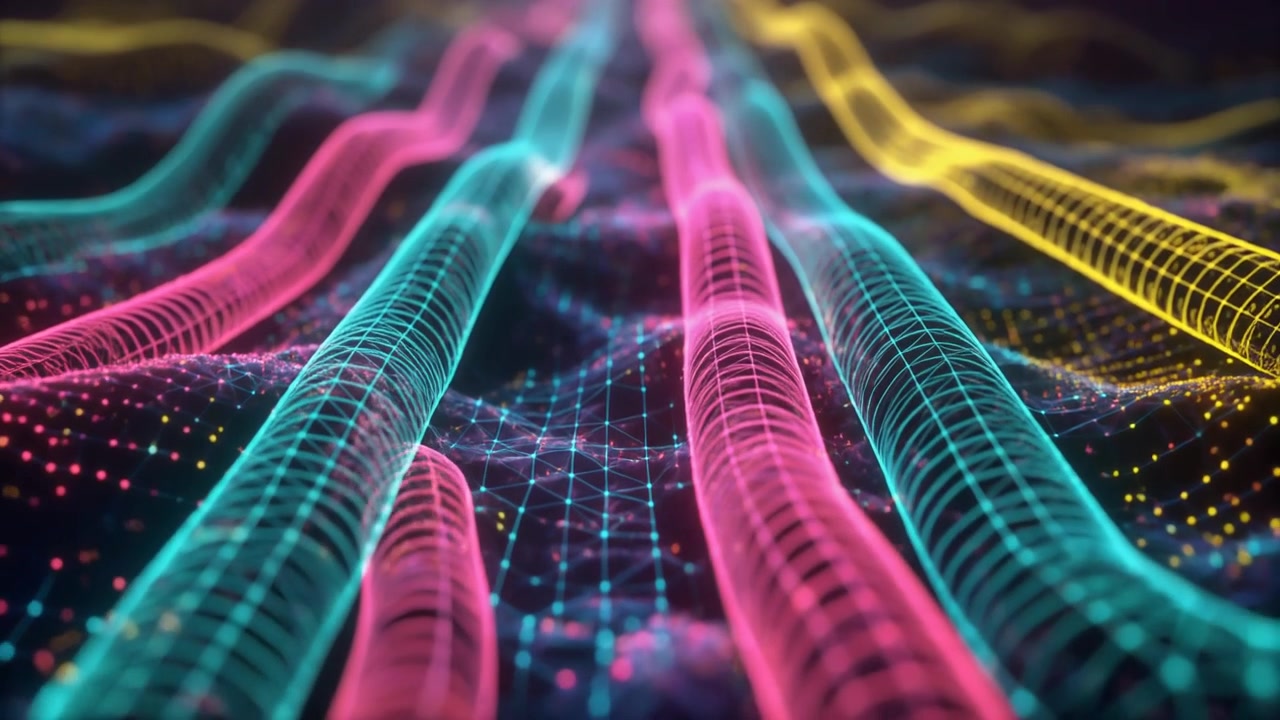 Abstract Digital Data Flow with Glowing Neon Waveform Lines