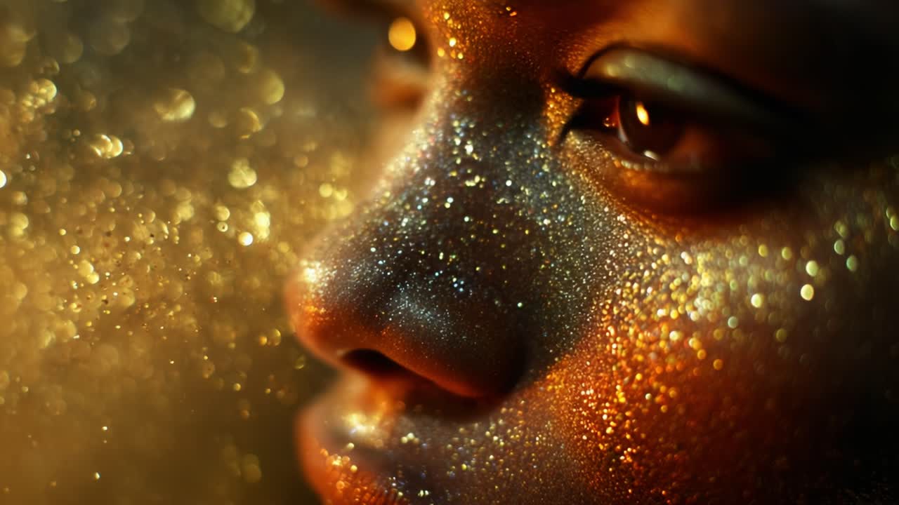 Close-Up Portrait of a Person with Glittering Face and Sparkling Particles Illuminated by Warm Light, Capturing the Essence of Beauty and Radiance in a Dreamy Atmosphere