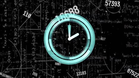 animación de reloj y números sobre diversos datos en fondo negro