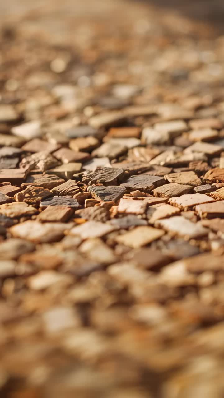 Vídeo vertical: foco de câmera que revela caminho de mosaicos, examinando a textura das tesselas em luz quente