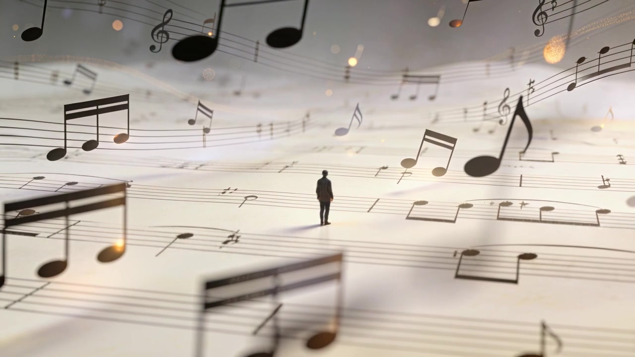 Drifting notation circling tiny figure in suit standing on sheet music, showing scale amid notes