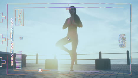 practicing yoga on pier, woman in tree pose with good vibes animation