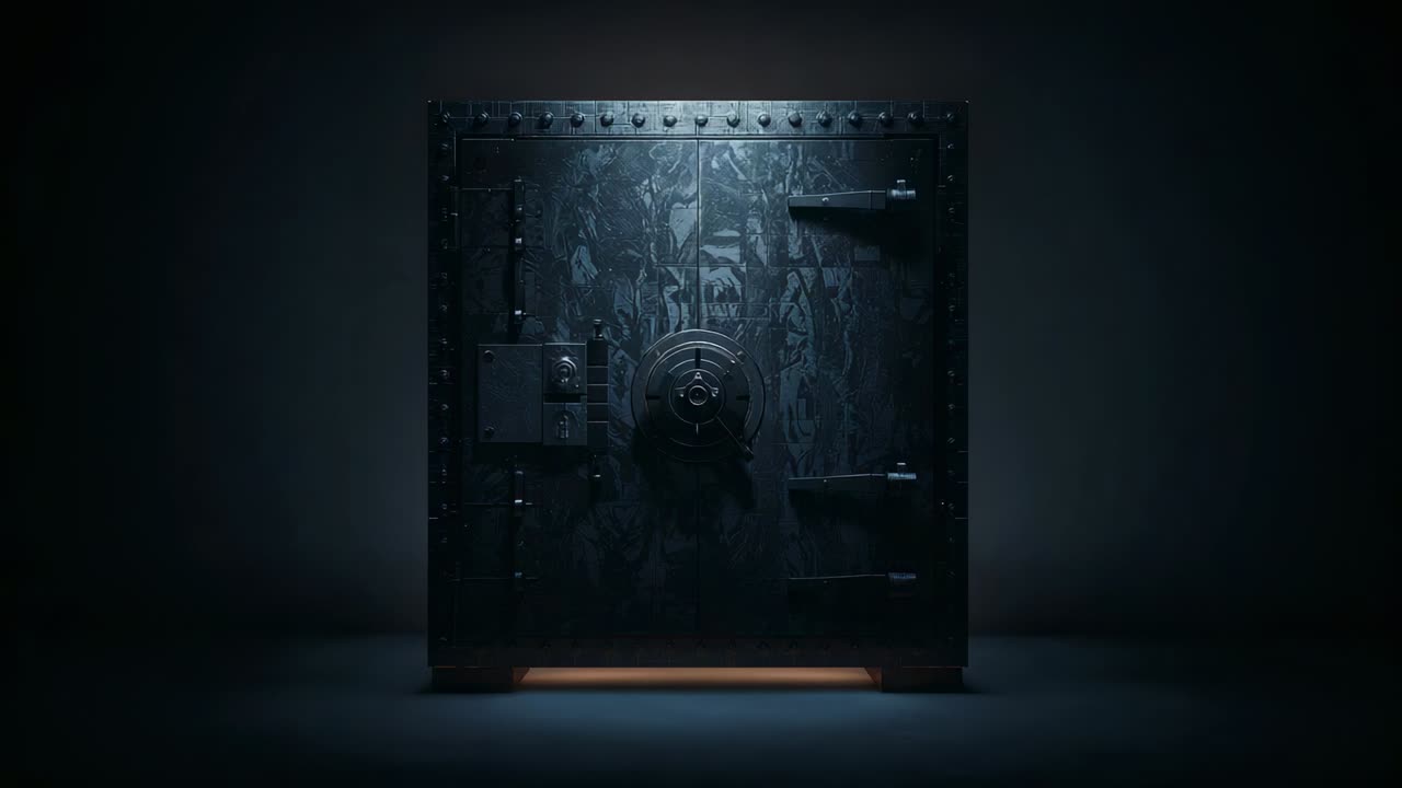 Opening vault, seam opening, wheel turning, latches releasing, revealing blocks on shelves on stage