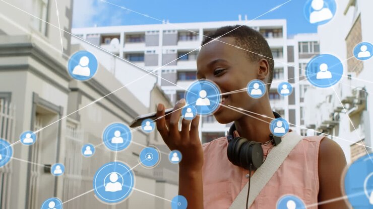 Animation of network of connections over african american woman using smartphone