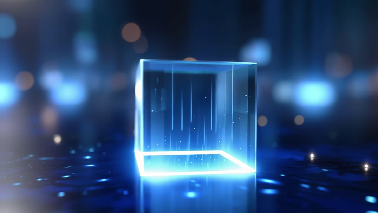 Abstract Glowing Transparent Cube in a Digital Environment