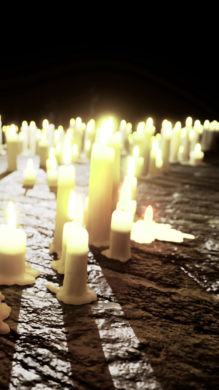 Candles are lit on a dark surface creating soft light in the room
