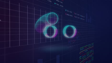 animation of neon spiral shapes in seamless pattern over statistical, stock market data processing