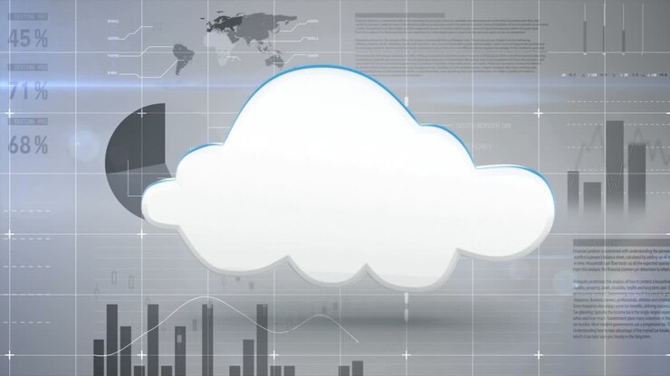 Cloud revolving while charts and graphs change on grey background
