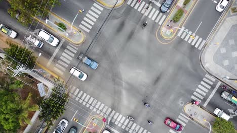 the intersection of two roads in the city on a cloudy day, drone view from above, main street of downtown santo domingo