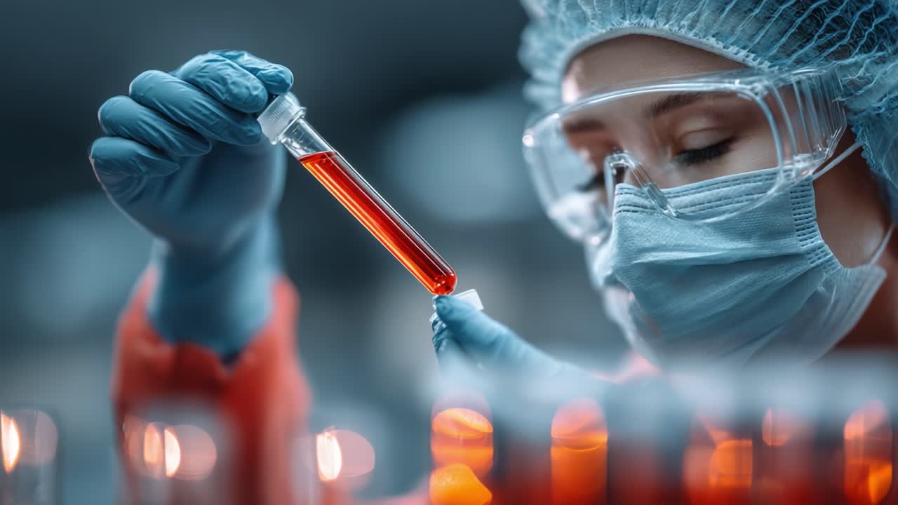 Scienziata che analizza un campione di sangue in laboratorio: massima attenzione alla qualità e alla composizione del fluido all'interno della provetta in condizioni professionali