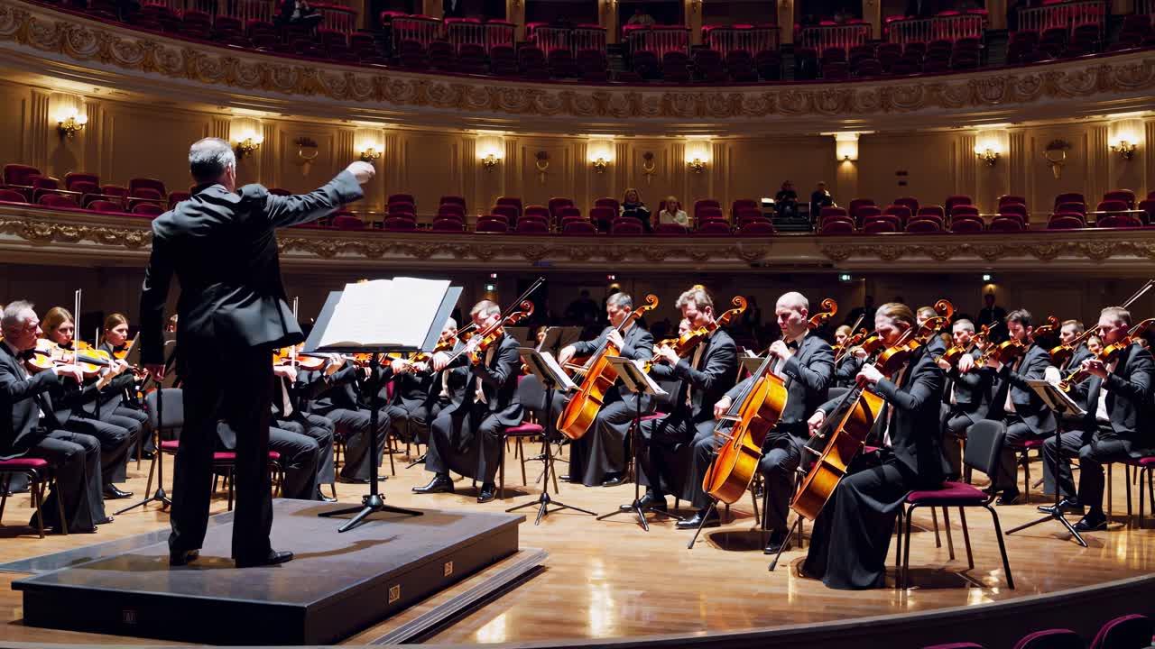 Inquadratura grandangolare di un'orchestra che si esibisce in un grande teatro, che riprende il direttore e i musicisti