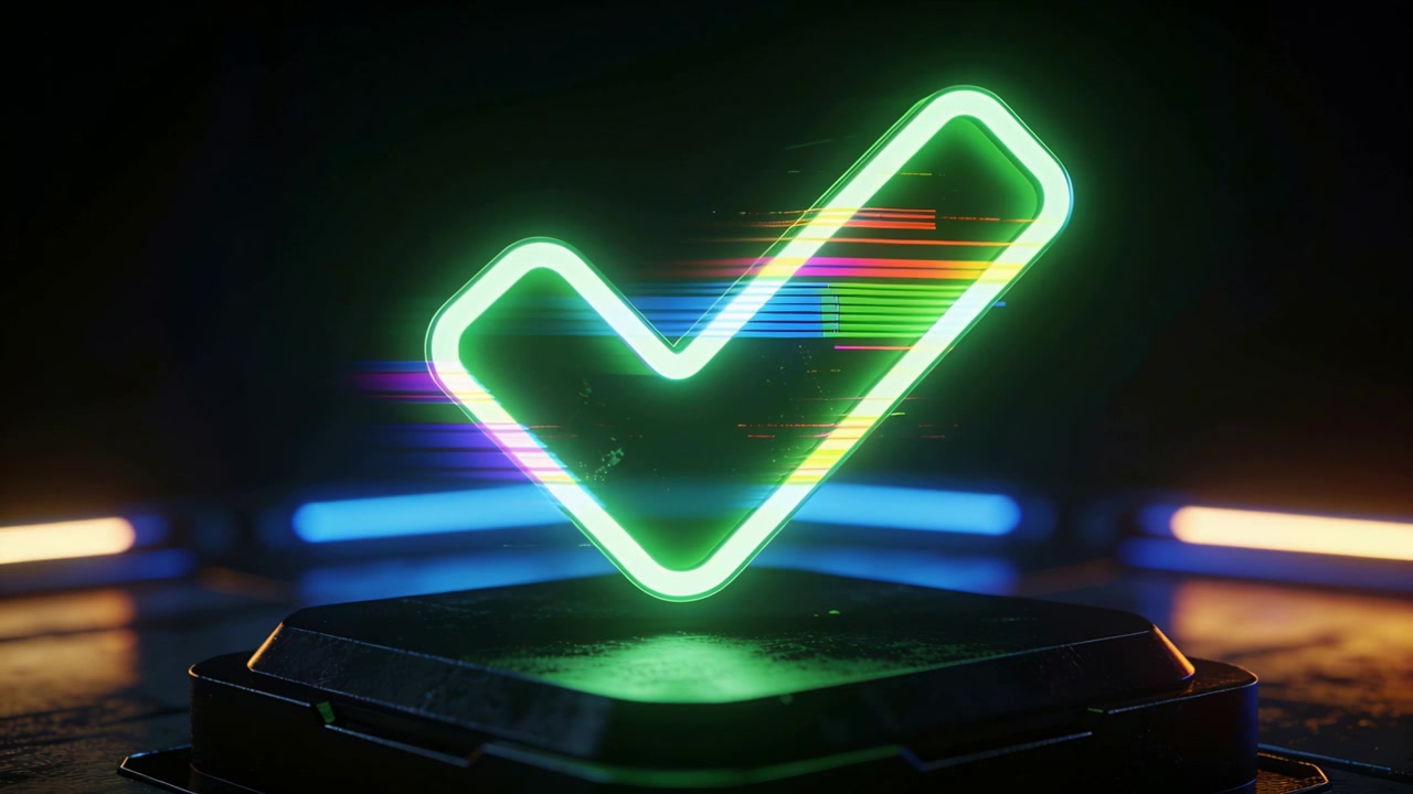 Starting glitch causing neon green checkmark pulsing above hex platform, signaling success
