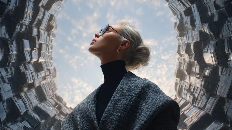 A Captivating Perspective of a Modern Woman Gazing Upward Amidst a Unique Architectural Structure with a Skyward View Full of Intriguing Forms and Soft Natural Lighting