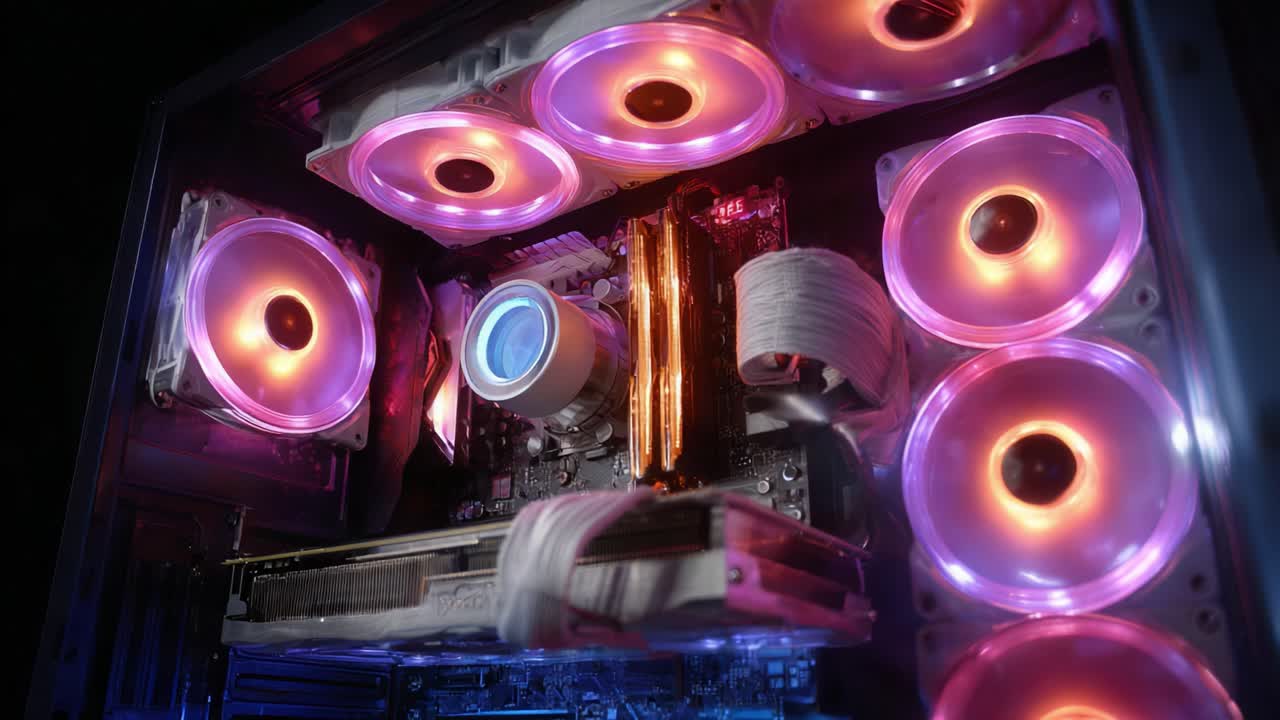 A Stunning View Inside a Custom Gaming PC: Bright RGB Fans Illuminate the Advanced Cooling System Featuring a Powerful Graphics Card and Modern Components