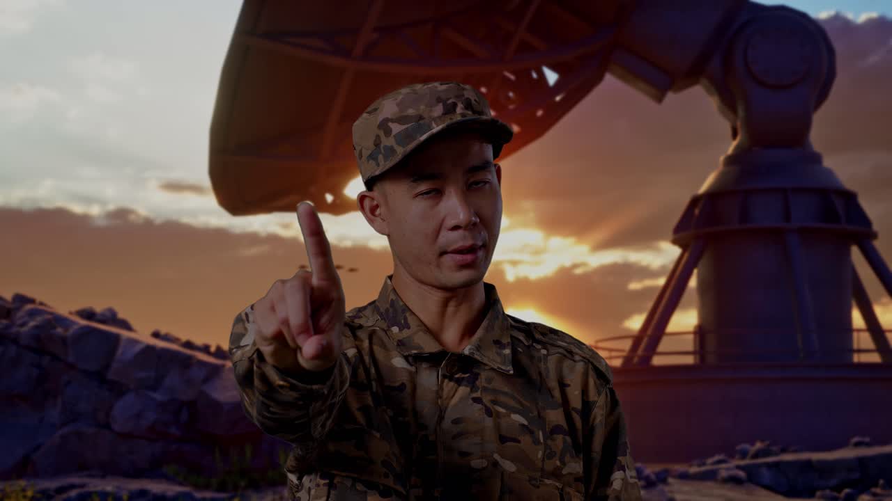 Close Up Of Asian Man Soldier Pointing At You And Disapproving With No Index Finger Sign While Standing With Satellite Dish