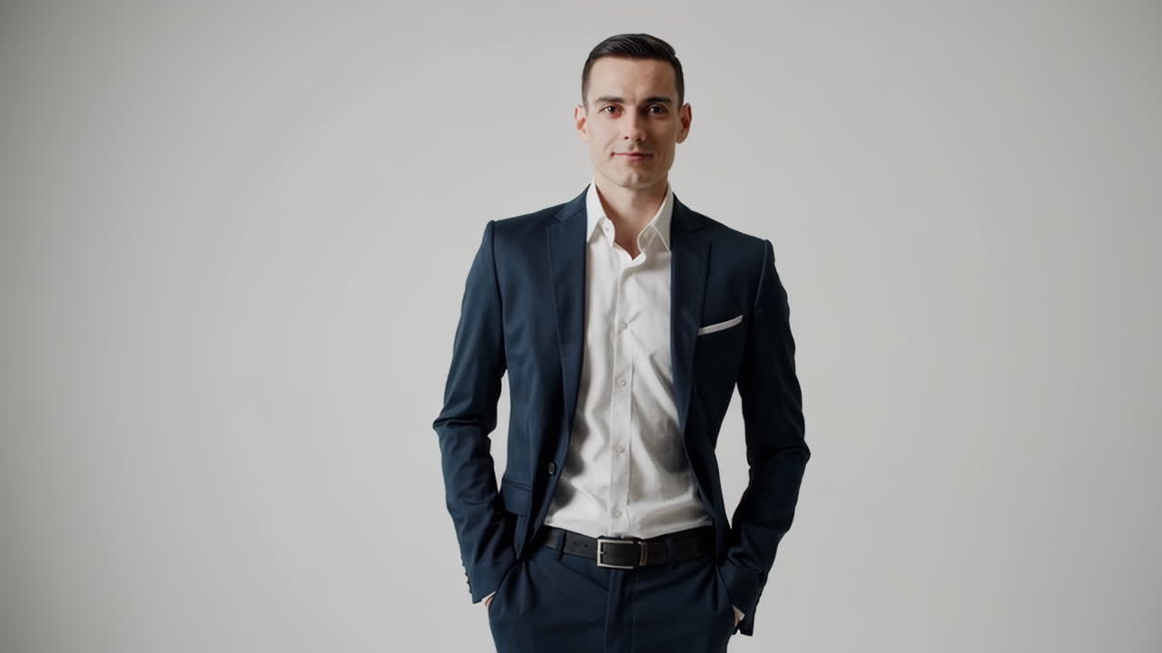 Professional man in a dark suit standing with hands in pockets