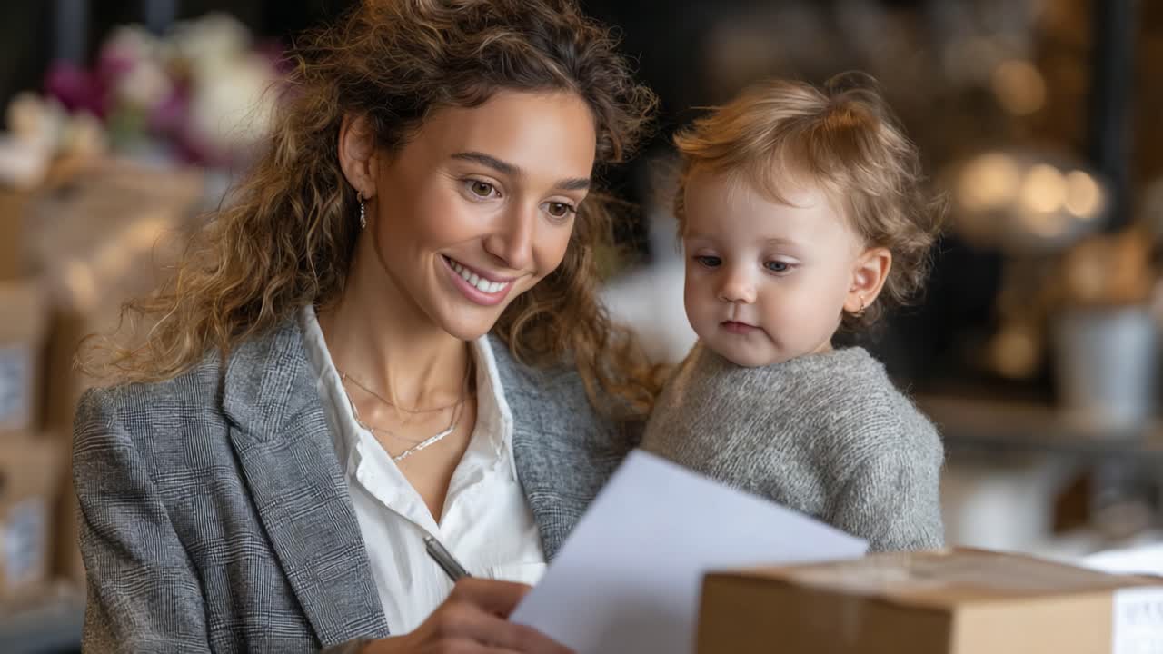 A Caring Moment: A Woman and Her Child Engaging in a Productive Activity Together, Surrounded by Packages and a Warm Atmosphere of Care and Connection