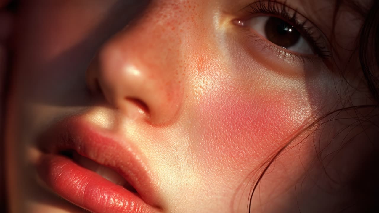 A Stunning Close-Up of a Youthful Face Enhanced by Soft Lighting and Natural Makeup, Capturing the Beauty of Clear Skin and Expressive Features