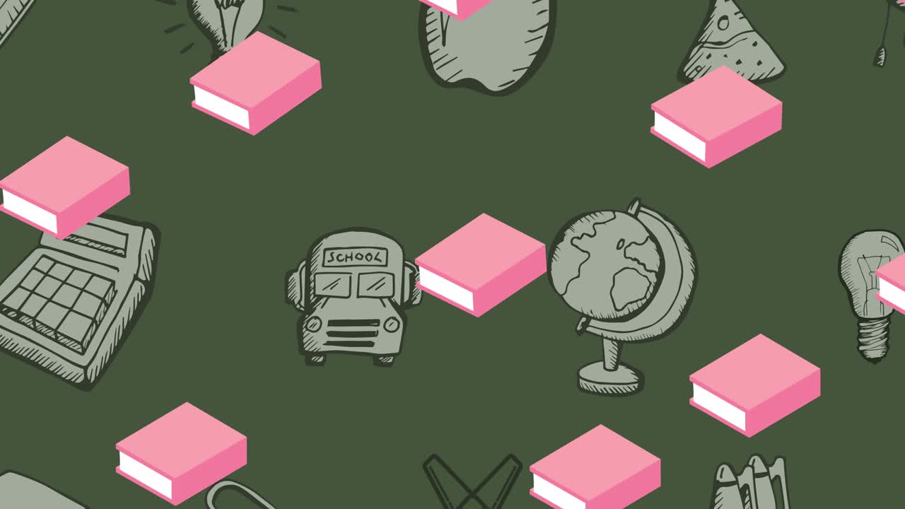 animación de libros rosados repetidos que se mueven sobre artículos relacionados con la escuela dibujados en la pizarra verde