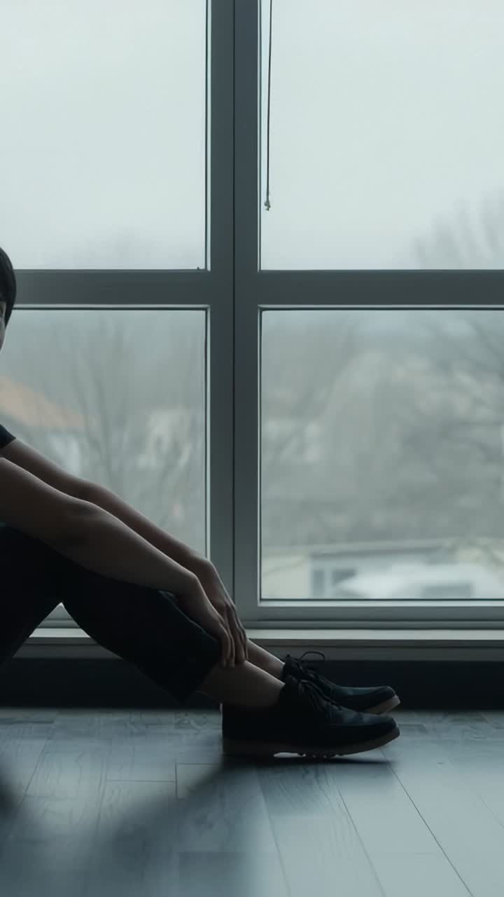 Vertical video: Sitting man in tee making small shifts on wood floor by 4-pane window, copy space