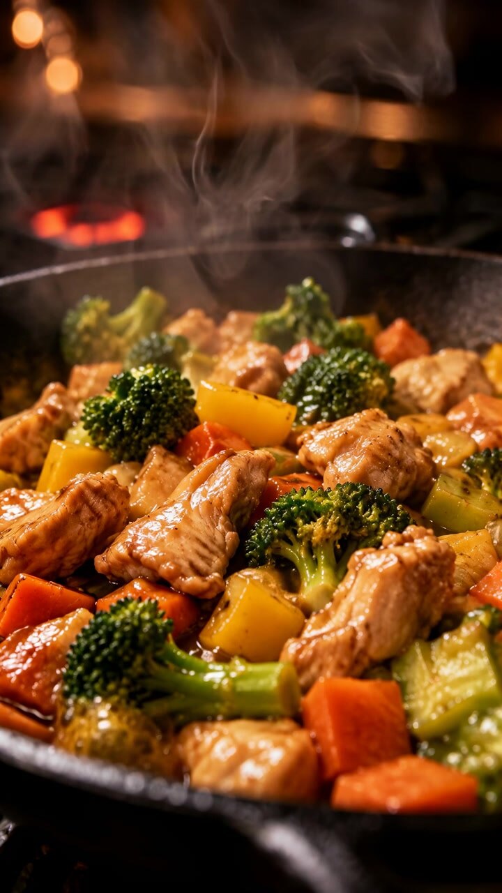 Vista de cerca muestra trozos de pollo brillantes y verduras coloridas hirviendo a fuego lento en salsa mientras el vapor visible se eleva, con un suave desenfoque de fondo y reflejos cálidos en la sartén