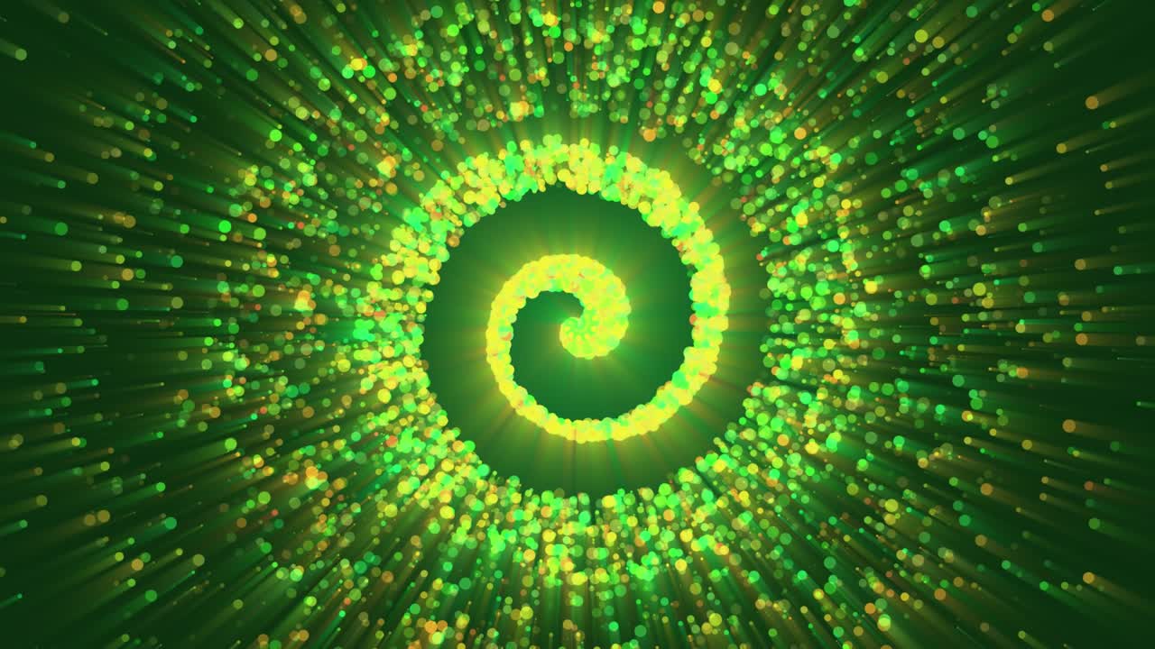Spirale di polvere di stelle dorata scintillante con particelle volanti magiche verdi e arancioni. Video Stock