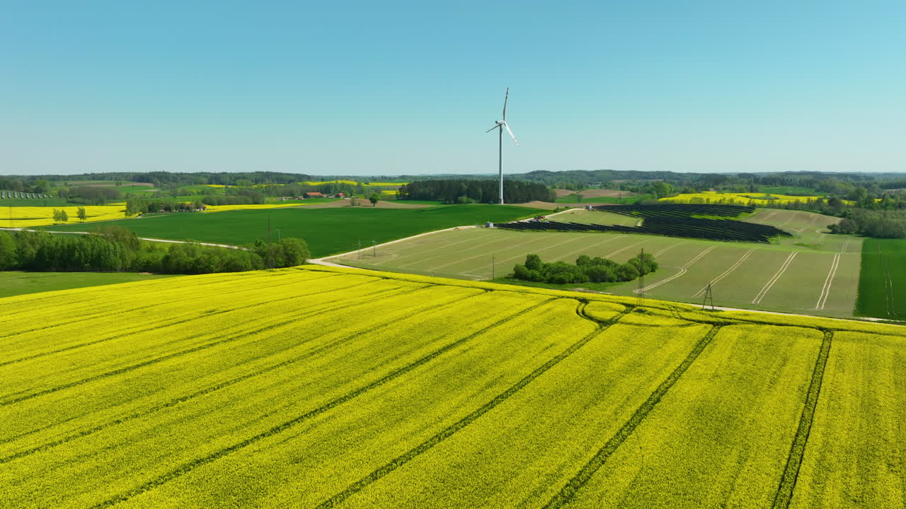 A panoramic aerial view of yellow rapeseed fields stretching across the countryside, with green patches and a bright blue sky