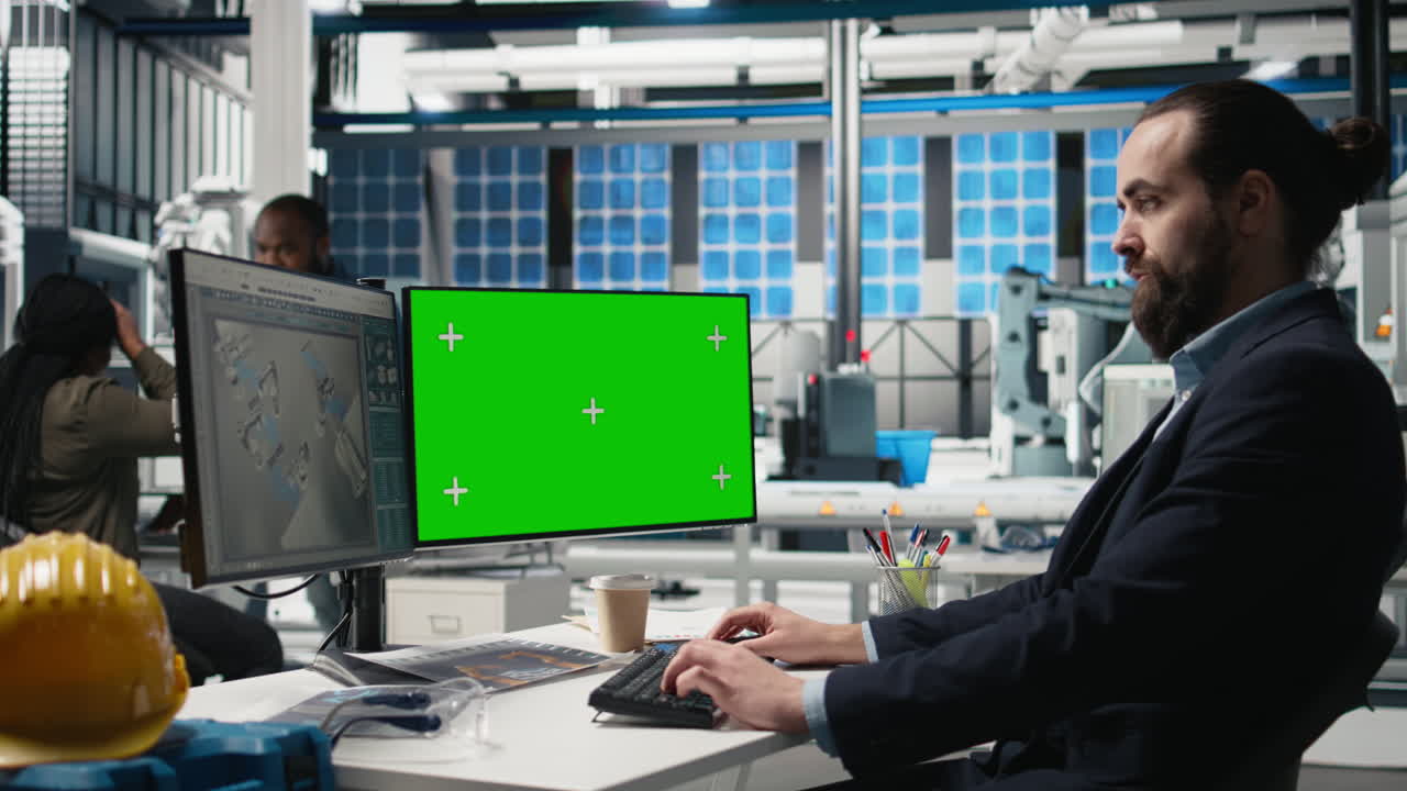Engineers working in an industrial setting with green screen