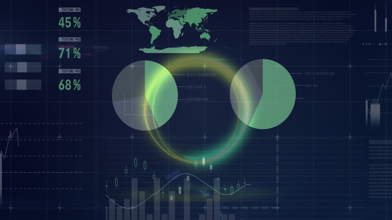 Digital composite of financial charts with animated processing circle adds depth