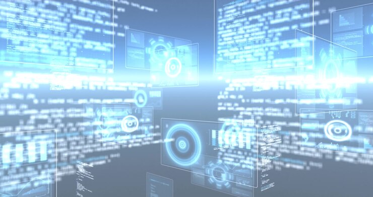 Animation of data processing and shapes moving on black background