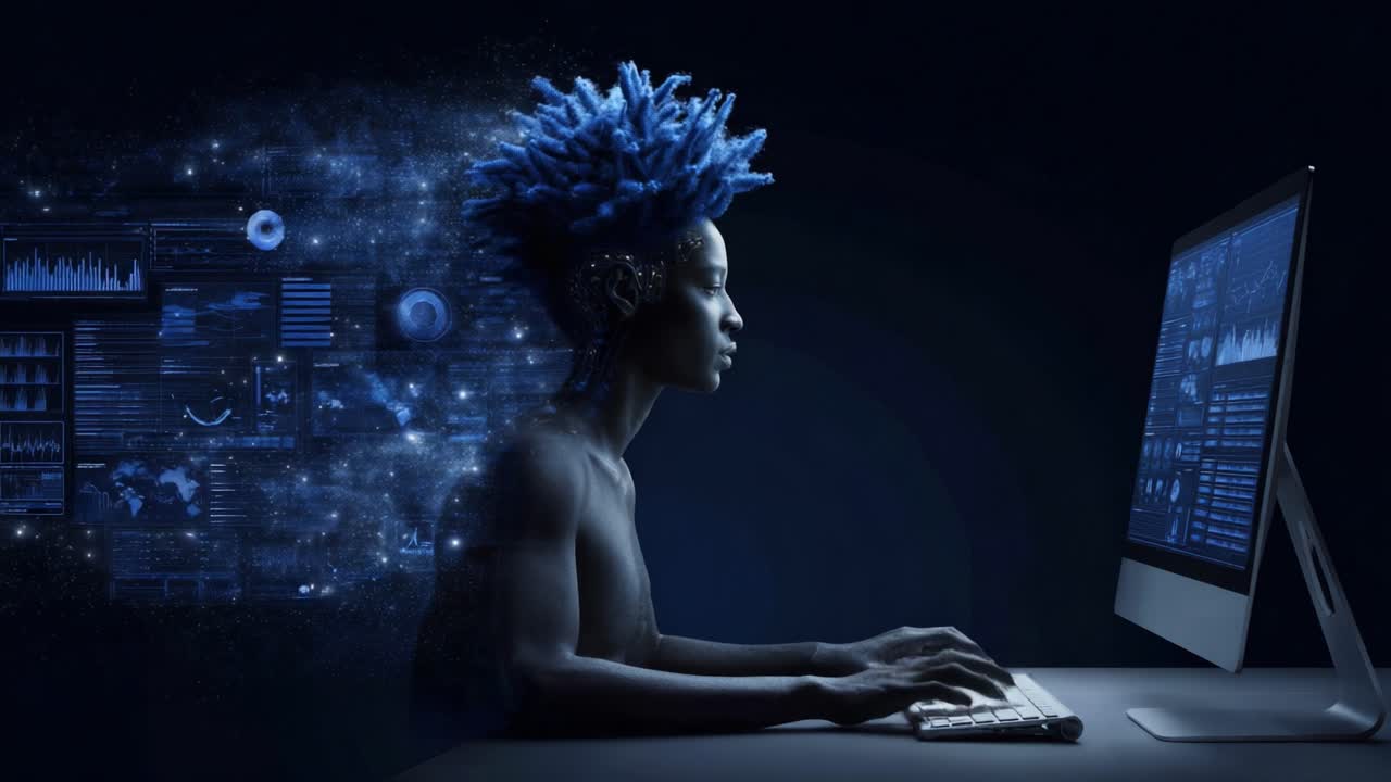 A futuristic representation of a young individual with striking blue hair, immersed in technology and data visualization while enhancing their digital skills through computer interaction