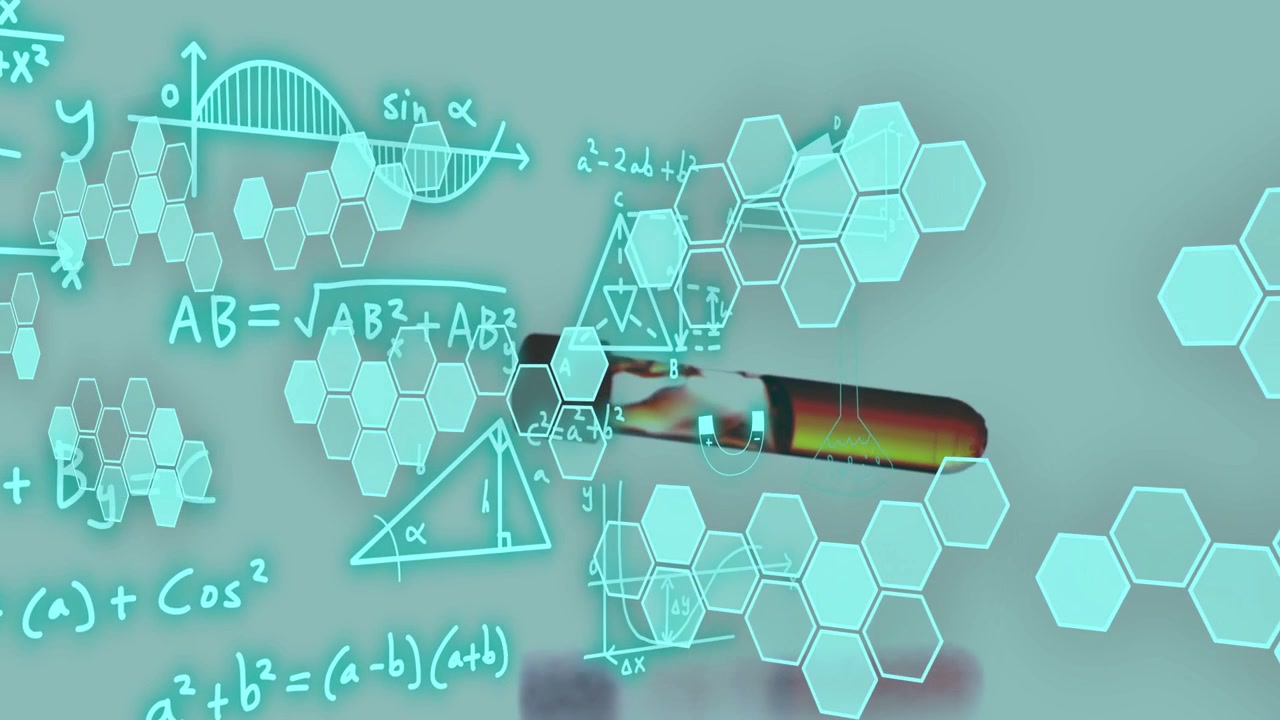 Metallic probe entering upper right, sweeping left, scanning cyan hexes while neon math adding data