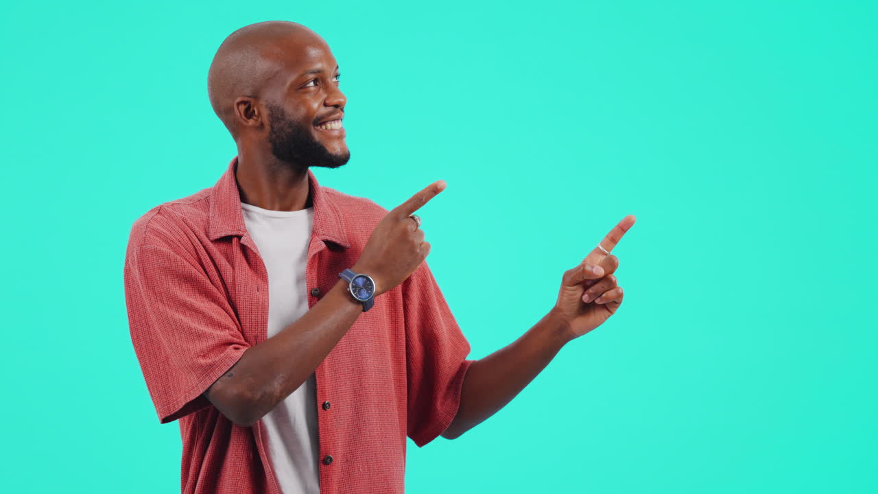 Advertising, pointing and face of man in a studio