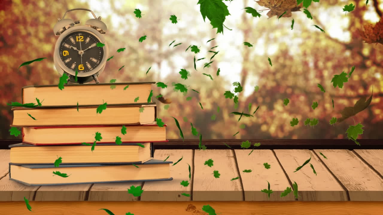 Animation of happy thanksgiving text, autumn leaves over alarm clock, stack of books on wooden plank