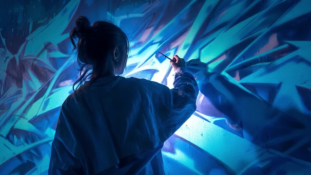 Creative artist painting vibrant mural in urban space at night