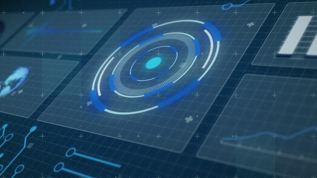 Animation of network of connections, data processing and scope scanning over blue background