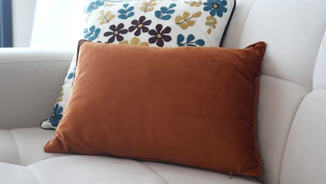 a close-up of a brown velvet pillow resting on a white couch