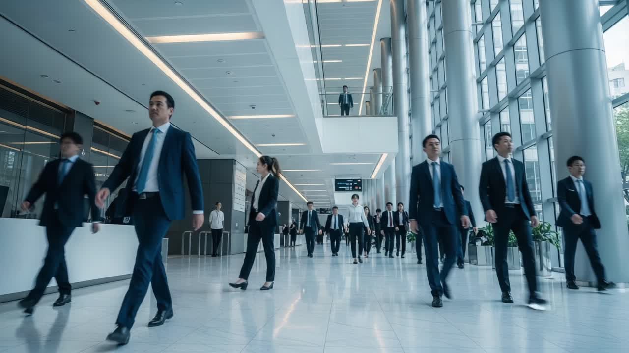 A Dynamic Scene of Business Professionals in Motion at a Modern Corporate Office Environment with Sleek Architecture and a Focus on Collaboration and Networking