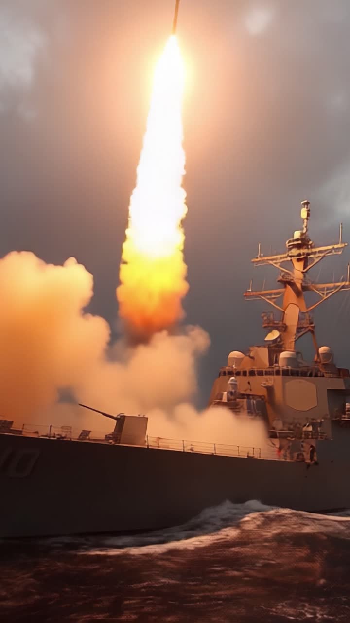 Un cacciatorpediniere della marina lancia un missile nel cielo tra nuvole scure, mostrando precisione e potenza militare in un momento impressionante di tecnologia militare.